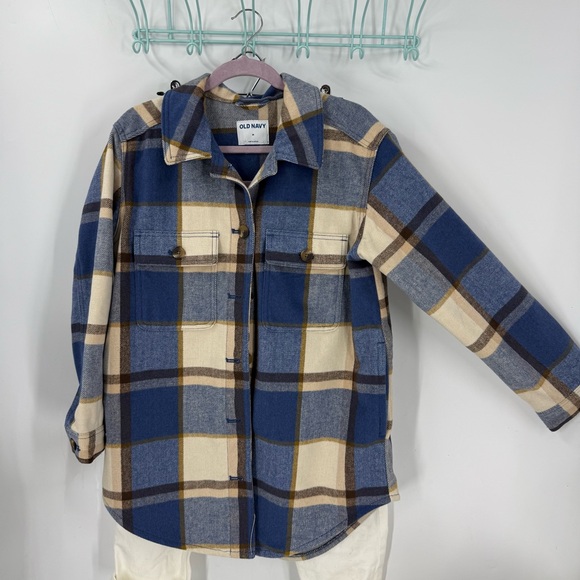 Old Navy NWOT Blue and Tan Plaid Shirt Shackett Jacket M - Picture 1 of 11